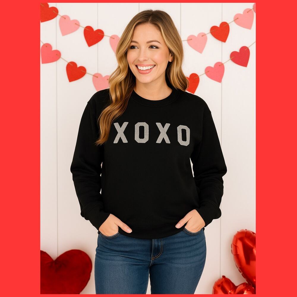 Oat Collective XOXO Glitter Sweatshirt Small Black Crewneck Sparkle Graphic Top